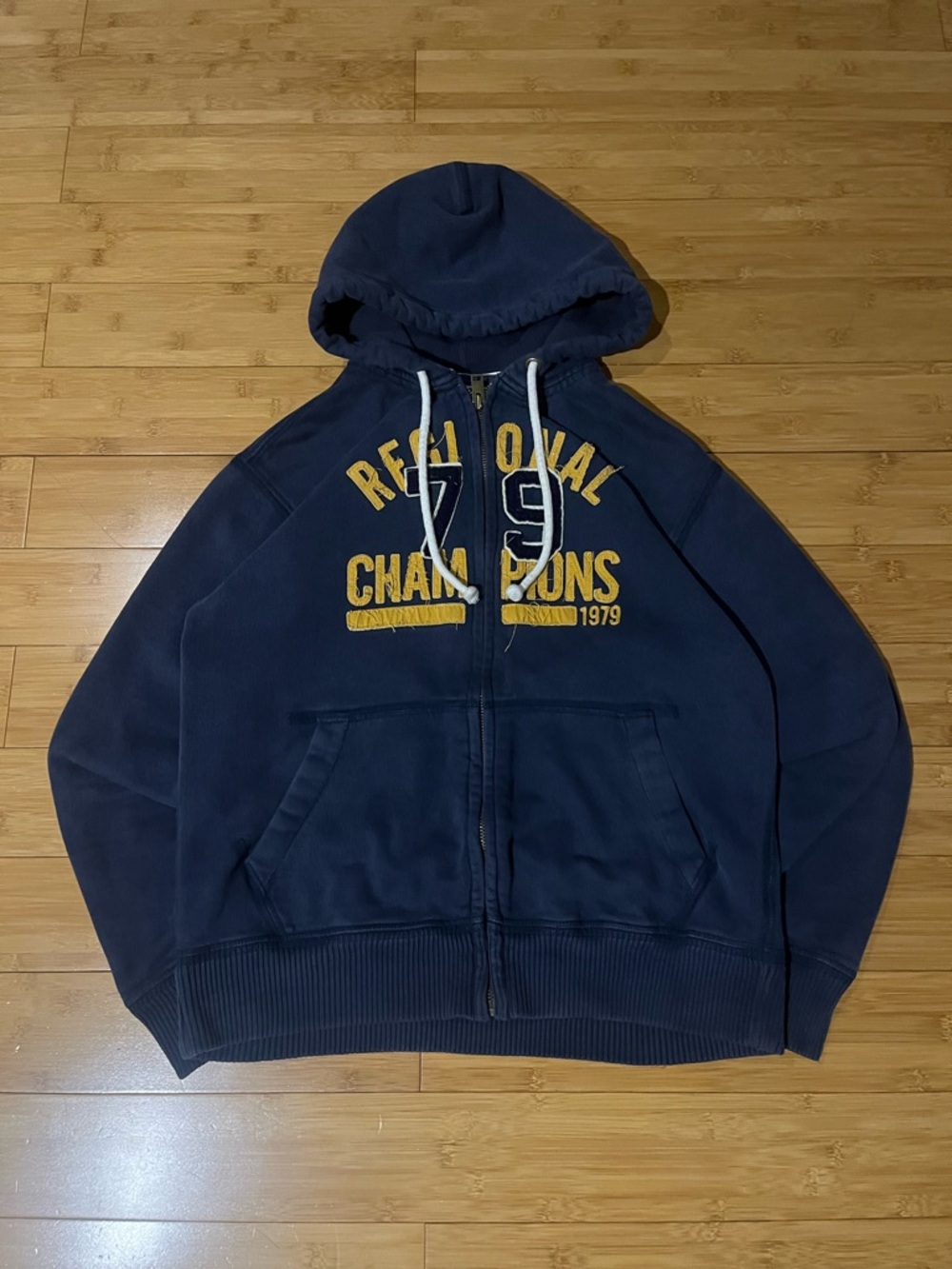 Old Navy Navy Blue Zip Hoodie with Yellow Lettering